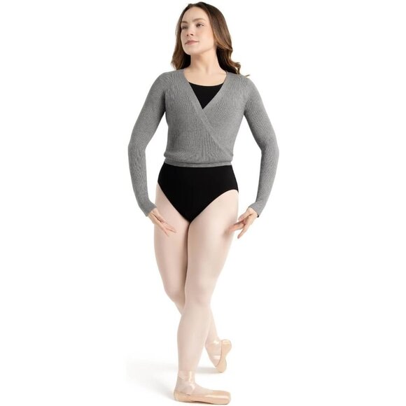 🆕 Capezio Women Grey Knit Long Sleeves V-Neck Self-Tie Hang Dry Wrap Sweater - Picture 4 of 5